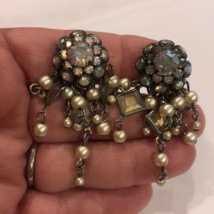 Vintage Aurora Borealis Crystal & Pearl Earrings-Boutique